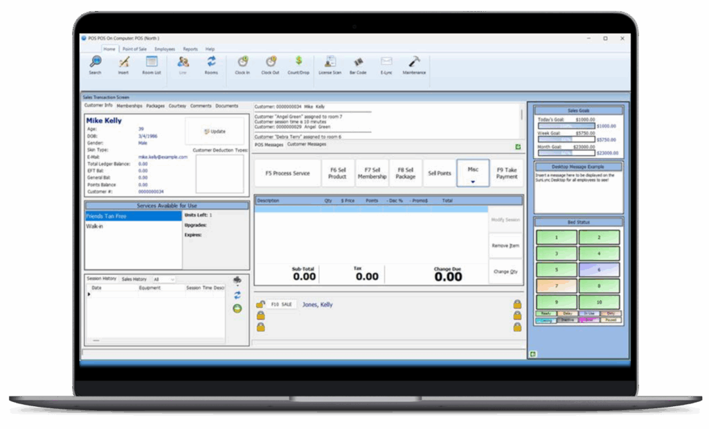 Laptop displaying the Sunlync salon management software interface with customer details, POS features, and real-time sales tracking tools.