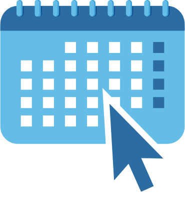Blue calendar icon with arrow cursor representing online booking and appointment scheduling through Sunlync.