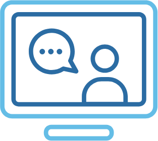 Computer monitor icon with chat bubble representing virtual training and customer support from Sunlync.