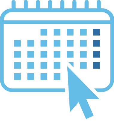 Blue calendar icon with cursor symbolizing online appointment scheduling through Sunlync salon software
